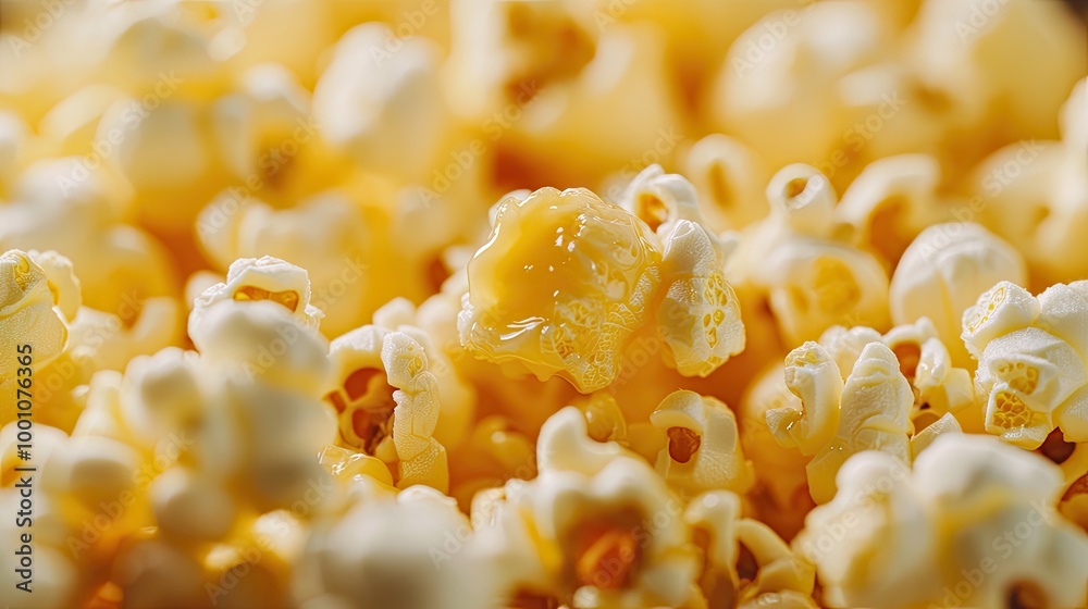 A close-up of freshly popped golden popcorn kernels, glistening with butter and ready to be enjoyed in a cozy movie theater setting. A close-up of freshly popped golden popcorn kernels, glistening with butter and ready to be enjoyed in a cozy movie theater setting.