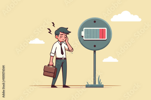 Exhausted and dizzy businessman standing next to low battery sign