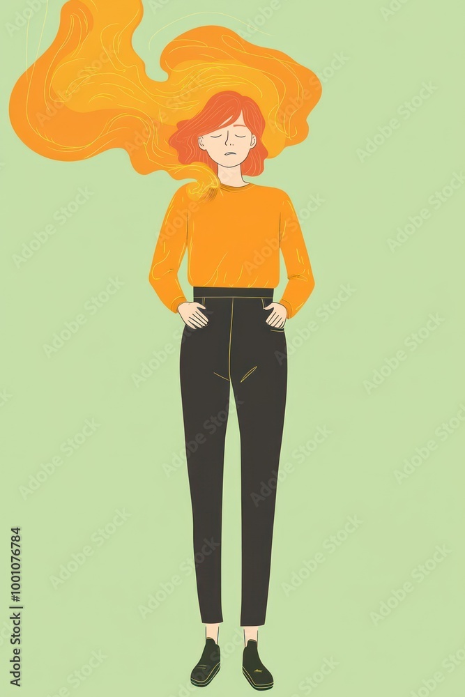 A stylized illustration of a person with orange hair and a matching top, standing confidently. A stylized illustration of a person with orange hair and a matching top, standing confidently.