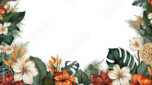 Tropical colourful flowers and leaves border- frame.
