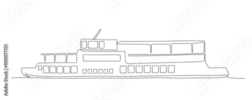 Big pleasure boat with 2 open air decks. Side view. Black and white vector illustration in line art style.