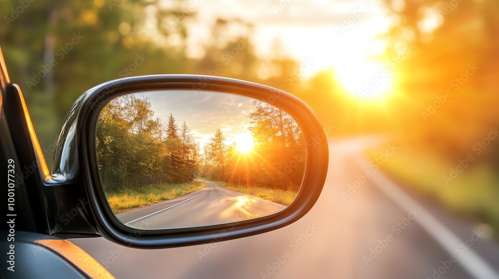 A car driving on a road, sunset is reflected in the rear view mirror. A car driving on a road, sunset is reflected in the rear view mirror.