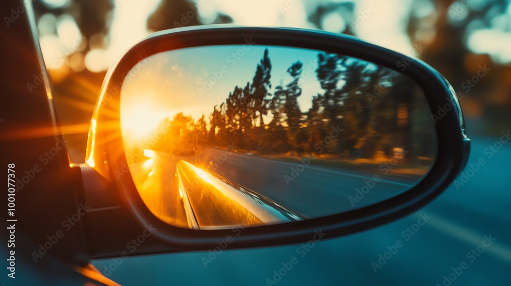 The setting sun is reflected in a side view mirror of a car. The setting sun is reflected in a side view mirror of a car.