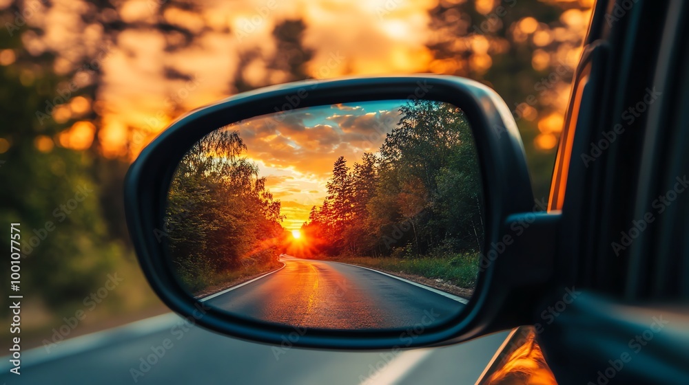 Sunset as seen through a car's rearview mirror. Sunset as seen through a car's rearview mirror.
