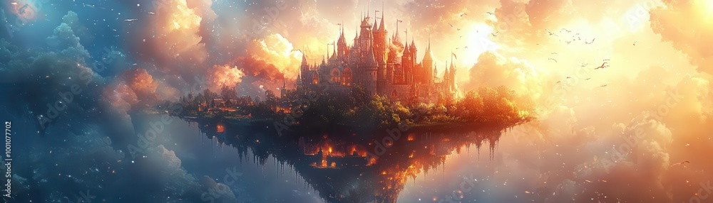Fototapeta premium Floating castle in a magical land, fantasy, rich colors, digital painting