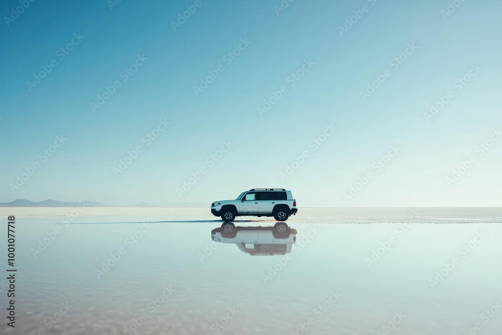 Naklejka premium off-road vehicle on serene salt flat