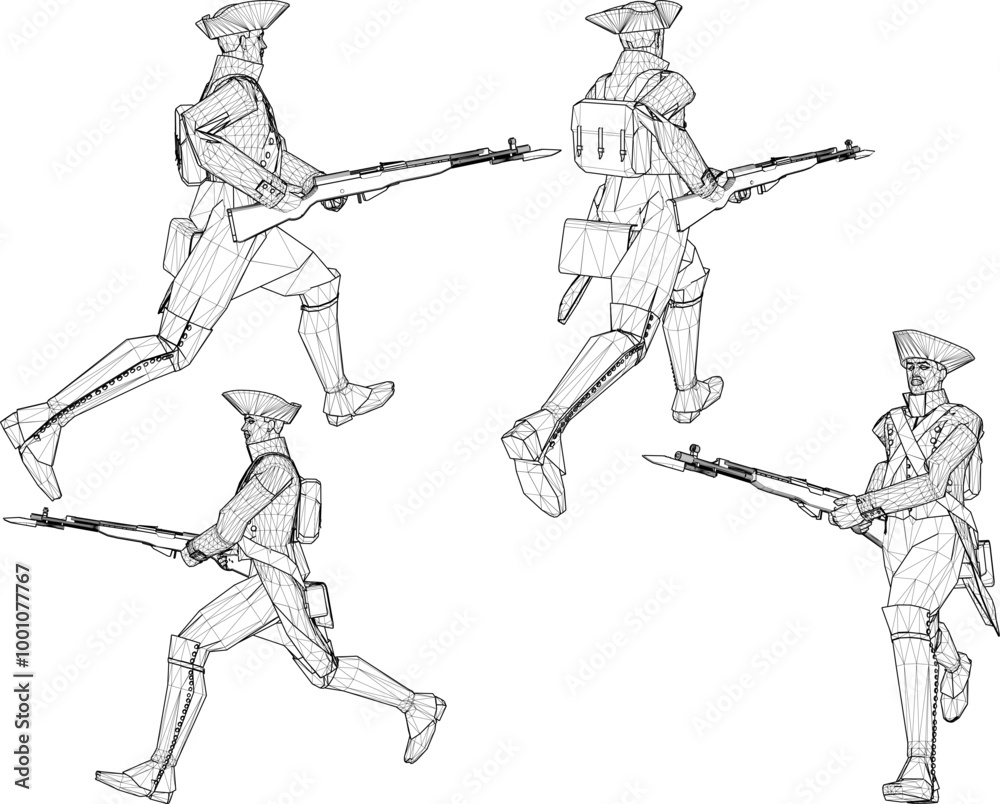 Fototapeta premium Vector sketch illustration design of soldiers in royal era uniforms running to war with rifles