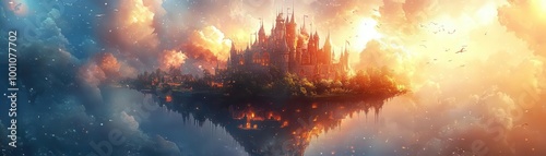 Floating castle in a magical land, fantasy, rich colors, digital painting photo