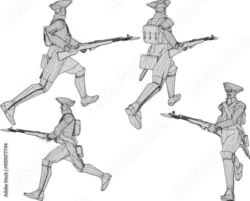 Vector sketch illustration design of soldiers in royal era uniforms running to war with rifles q
