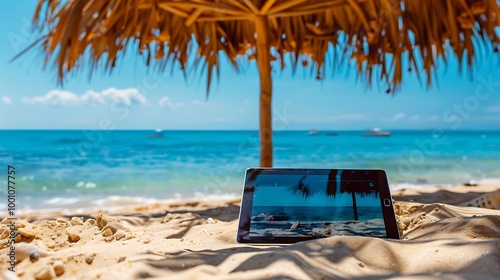 A tablet beneath a straw umbrella on a sandy beach