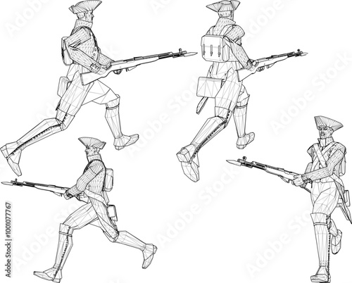 Vector sketch illustration design of soldiers in royal era uniforms running to war with rifles
