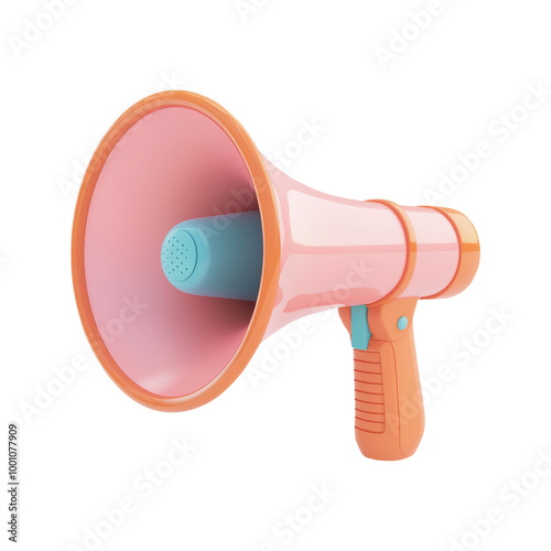 3D megaphone illustration in pink and orange tones, featuring a classic design. Themes of communication, announcements, and broadcasting. Isolated on transparent background, png.