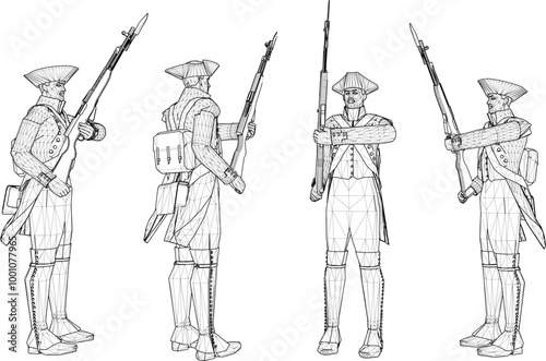 Vector sketch illustration design of soldiers in royal uniforms preparing for war holding rifles