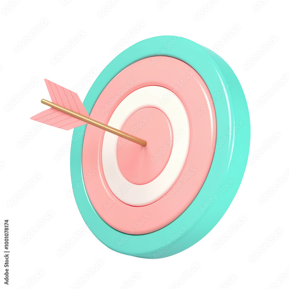 3D target with an arrow illustration in pastel colors, featuring a bullseye. This concept symbolizes goals, success, precision, and achievement, Isolated on transparent background, png. 3D target with an arrow illustration in pastel colors, featuring a bullseye. This concept symbolizes goals, success, precision, and achievement, Isolated on transparent background, png.