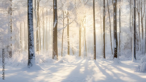 Sunlight Illuminating a Snow-Covered Forest Path