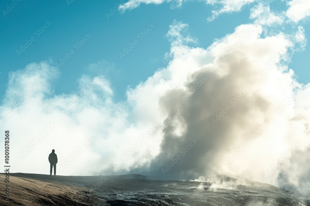 Lone figure observing volcanic eruption Lone figure observing volcanic eruption
