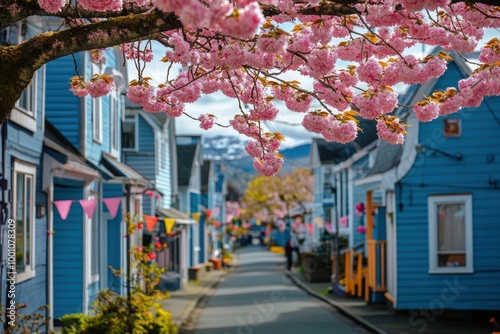 Vibrant cherry blossom street scene