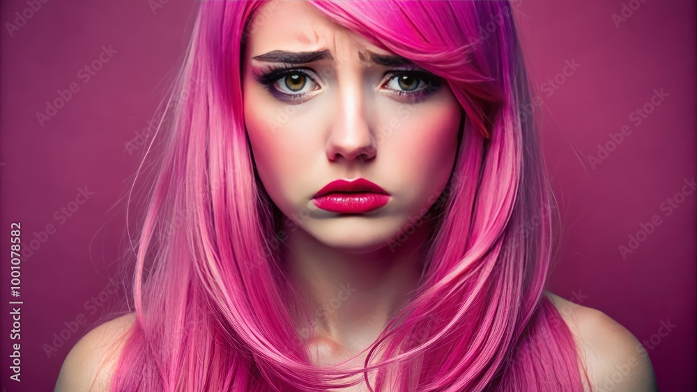With striking pink hair, a young woman conveys her sadness and displeasure amidst a vivid pink backdrop, her With striking pink hair, a young woman conveys her sadness and displeasure amidst a vivid pink backdrop, her