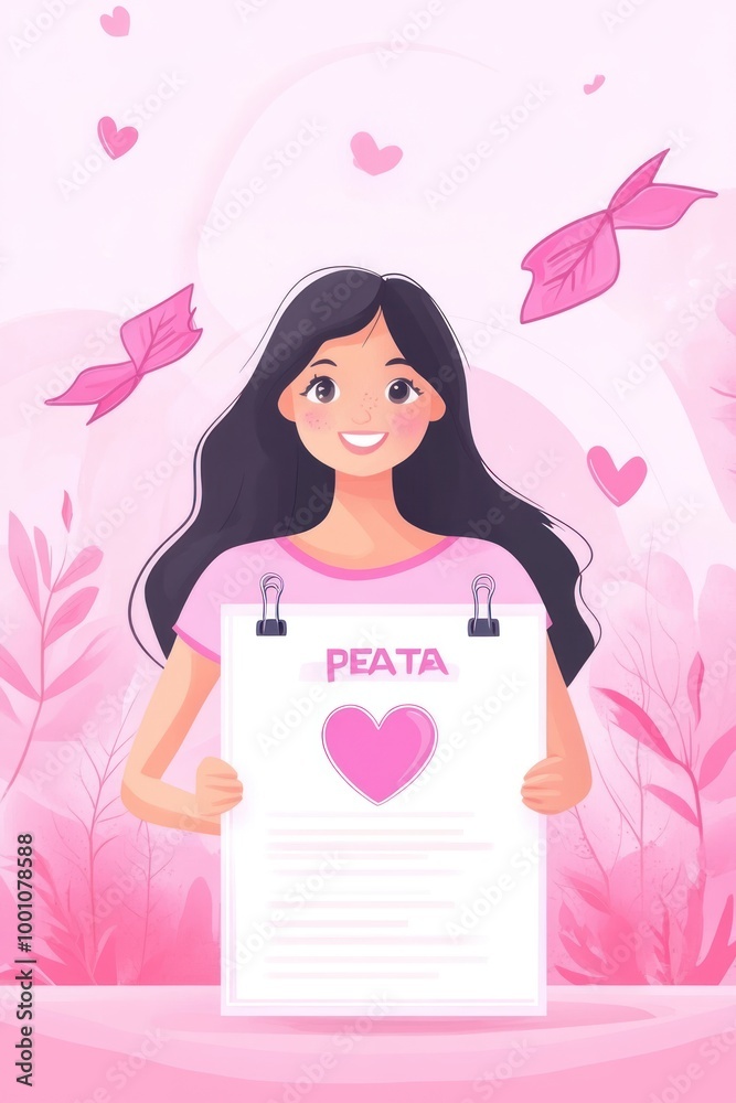 A cheerful illustration of a girl holding a sign with a heart, surrounded by pink elements. A cheerful illustration of a girl holding a sign with a heart, surrounded by pink elements.