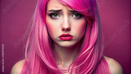 With striking pink hair, a young woman conveys her sadness and displeasure amidst a vivid pink backdrop, her