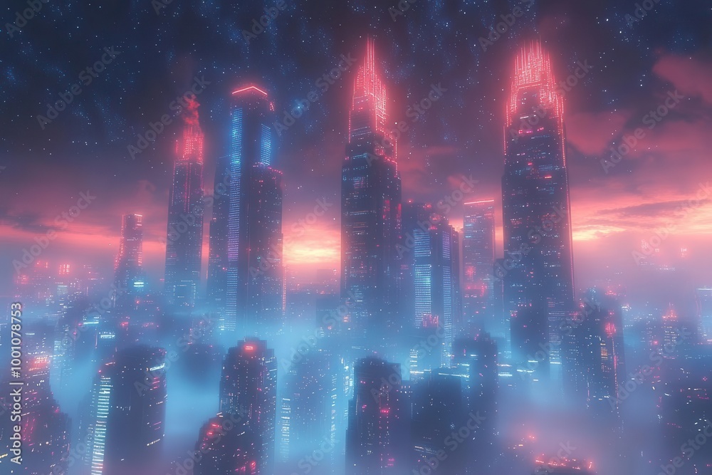 futuristic neonlit mega city skyline under a starry sky with towering ...