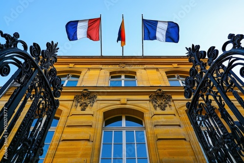 Ornate government building with french flags