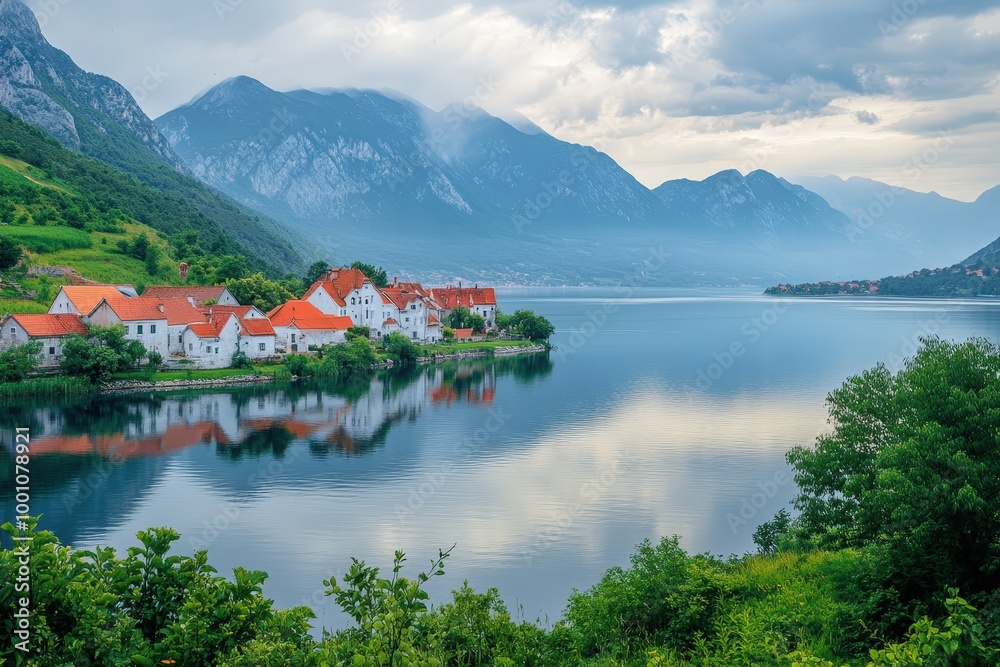 Fototapeta premium Scenic alpine lake with picturesque village