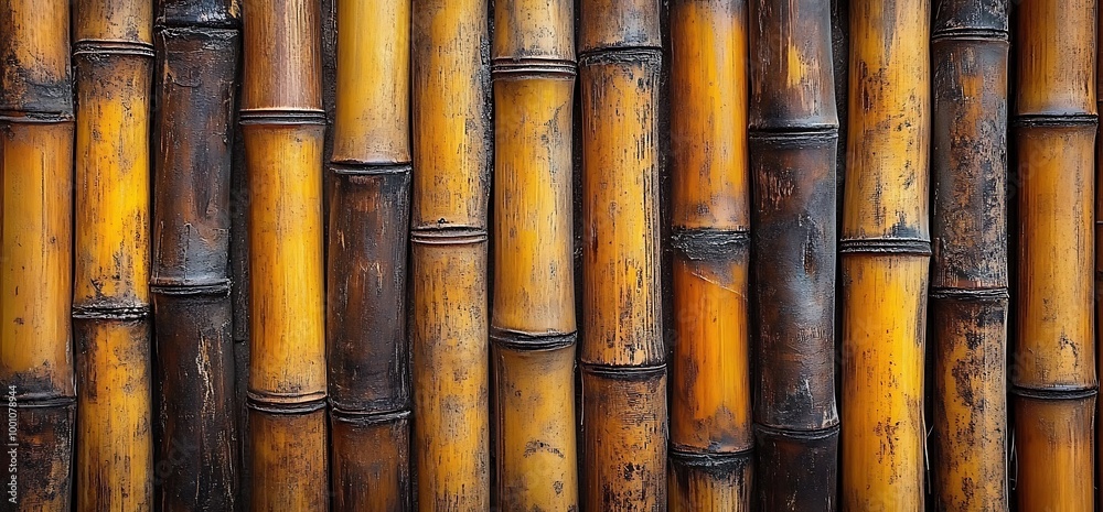 Close-up of a natural bamboo wall with a rustic, weathered texture. Close-up of a natural bamboo wall with a rustic, weathered texture.