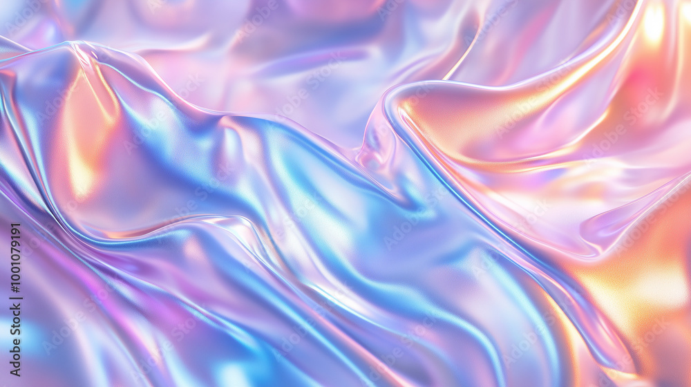 Iridescent Satin Fabric Flowing with Shimmering Hues of Blue and Pink with a Reflective Surface Iridescent Satin Fabric Flowing with Shimmering Hues of Blue and Pink with a Reflective Surface