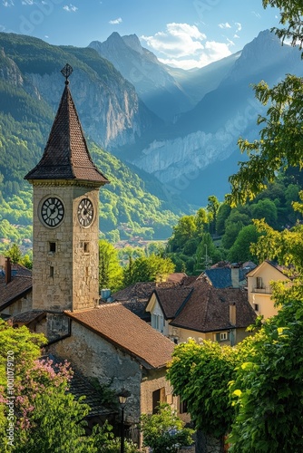 Picturesque alpine village with church tower and mountain landscape