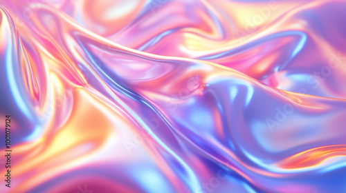 Colorful Iridescent Satin-Like Fabric Flowing in Soft Pastel Hues of Pink, Blue, and Orange