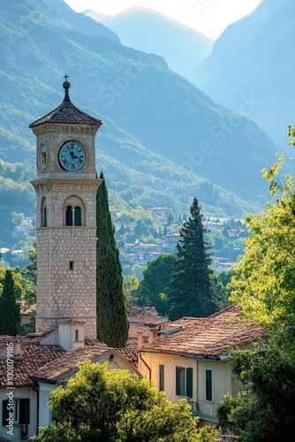 Picturesque mountain town with historic clock tower