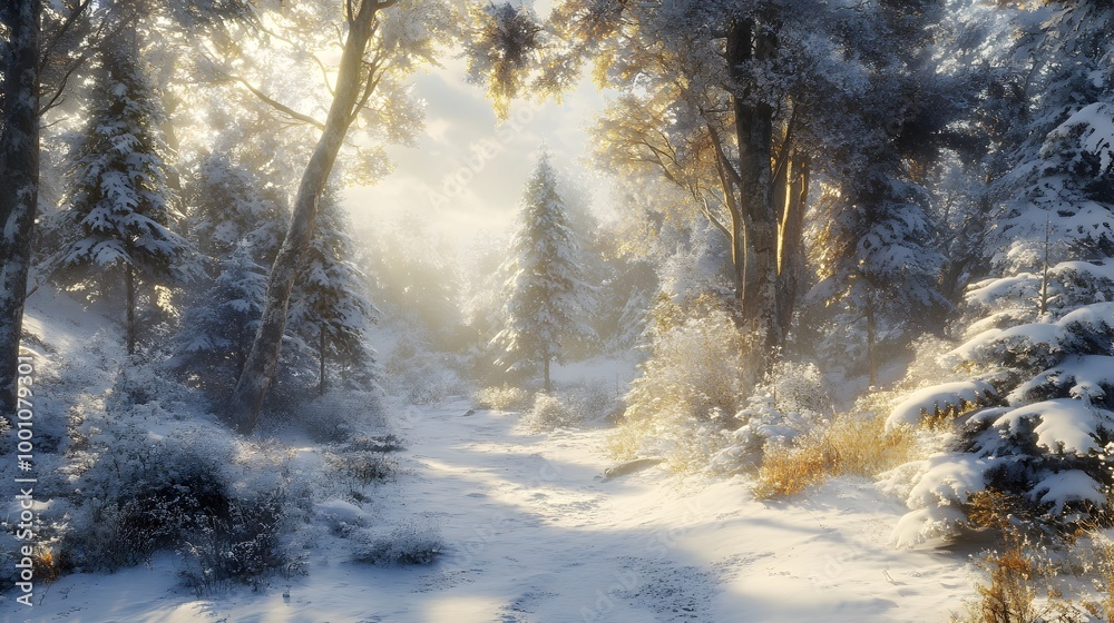 Sunbeams Illuminating a Snow-Covered Forest Path