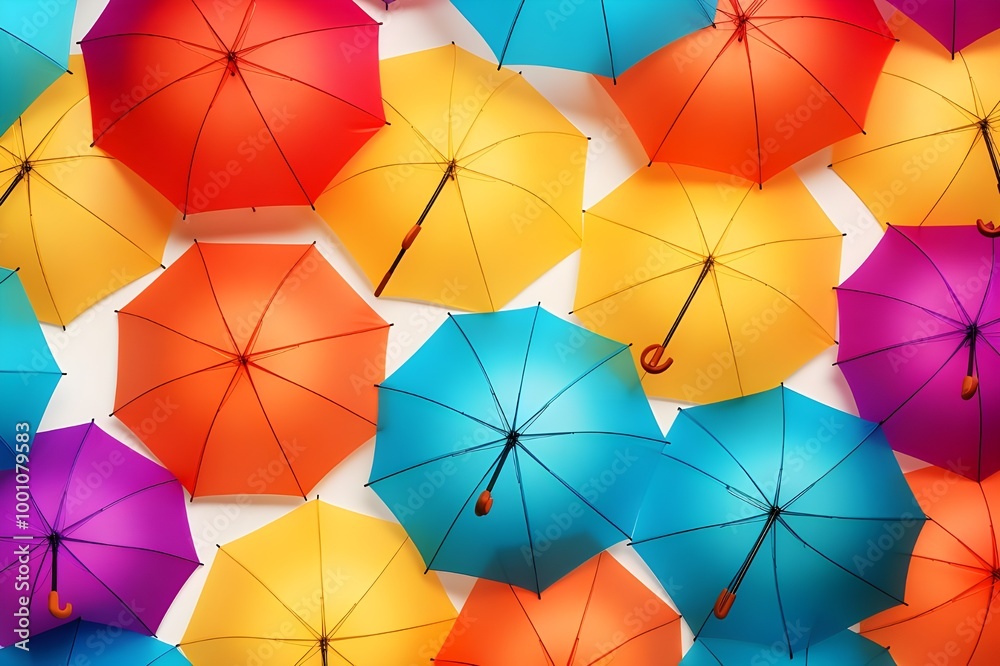 Colorful Umbrellas Arranged in a Geometric Pattern on a White Wall Colorful Umbrellas Arranged in a Geometric Pattern on a White Wall