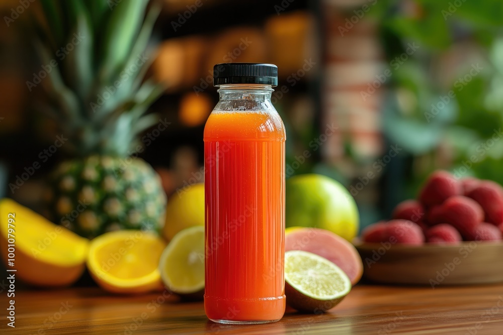 Cold-Pressed Juice Bottle with Vibrant Liquid and Fresh Fruits in the Background Cold-Pressed Juice Bottle with Vibrant Liquid and Fresh Fruits in the Background