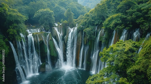 Beautiful Spring Green Natural Landscape with Waterfall: A Perfect Tourism Destination. Enjoy the Serenity and Beauty.