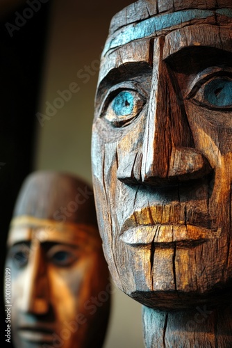 Detailed wooden totem pole sculpture with intricate carvings