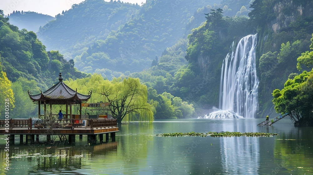 Beautiful Spring Green Natural Landscape with Waterfall: A Perfect Tourism Destination. Enjoy the Serenity and Beauty. Beautiful Spring Green Natural Landscape with Waterfall: A Perfect Tourism Destination. Enjoy the Serenity and Beauty.