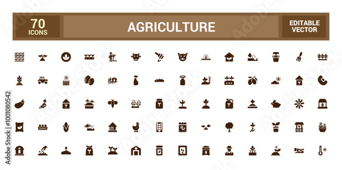 Set of agriculture icons collection. Filled icon pack, glyph for web and ui. Solid icons set. Editable filled symbol. Vector illustration.