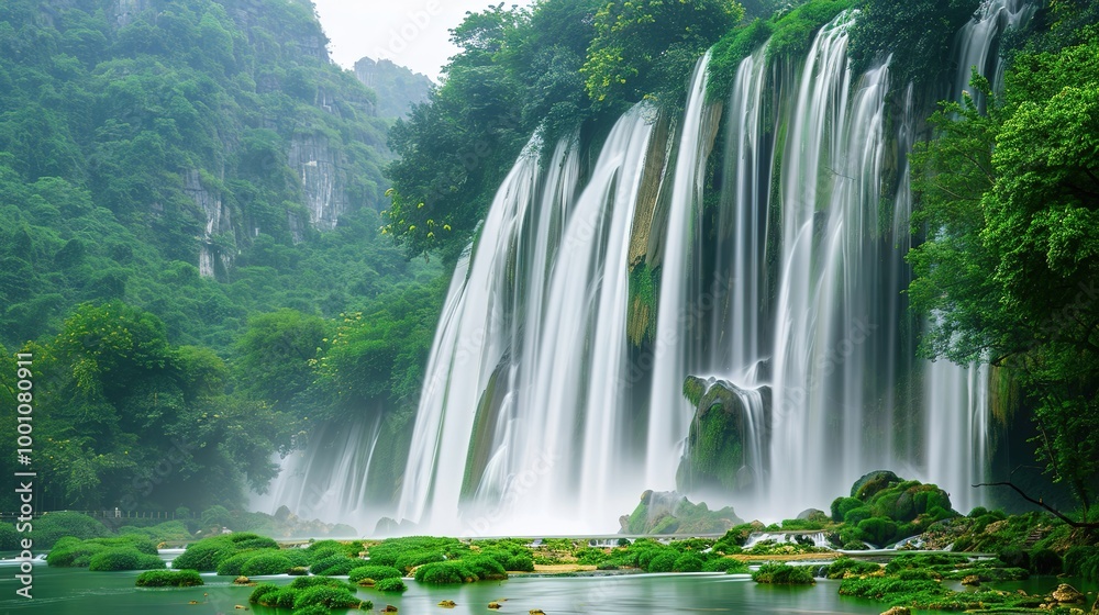 Naklejka premium Beautiful Spring Green Natural Landscape with Waterfall: A Perfect Tourism Destination. Enjoy the Serenity and Beauty.