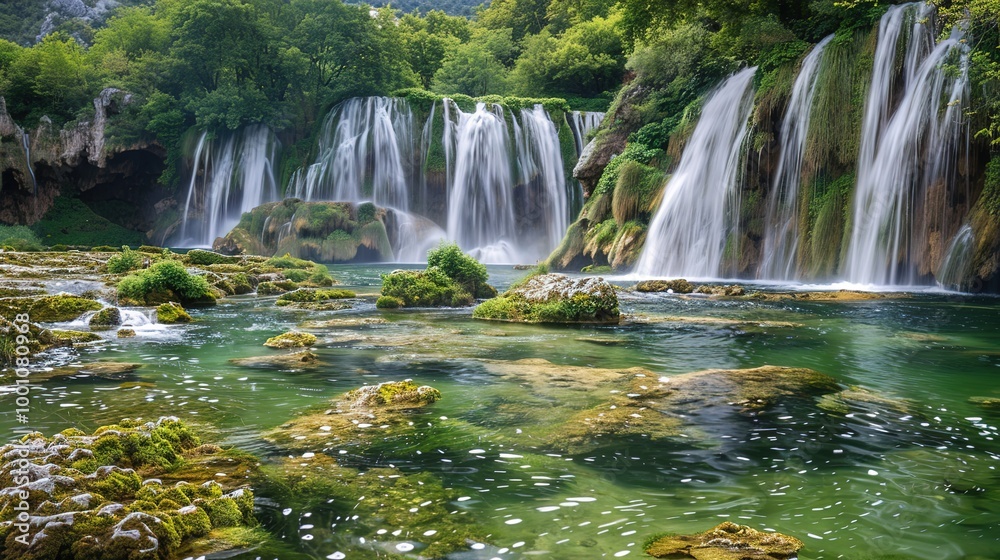 Obraz premium Beautiful Spring Green Natural Landscape with Waterfall: A Perfect Tourism Destination. Enjoy the Serenity and Beauty.