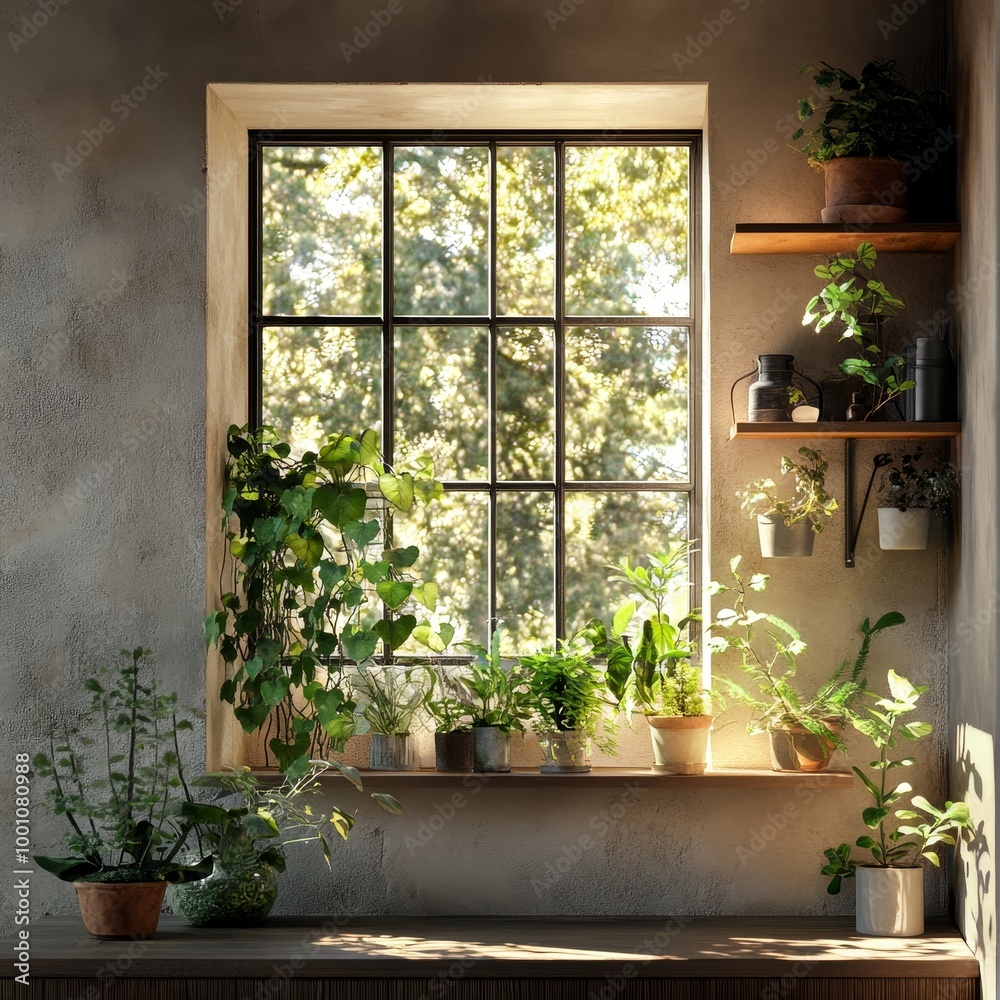 Interior of the room with a window and plants, 3d render Interior of the room with a window and plants, 3d render