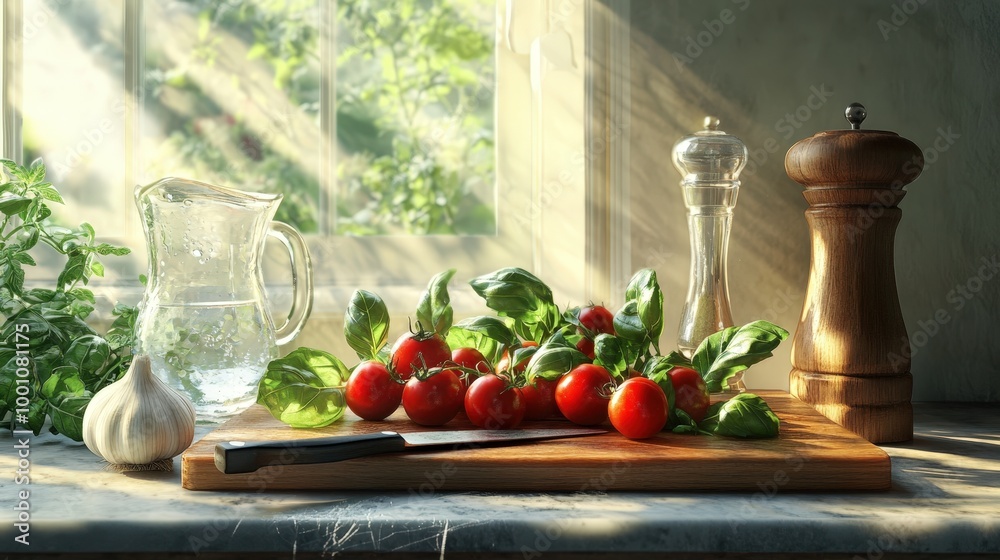 fresh tomatoes and herbs on wooden cutting board fresh tomatoes and herbs on wooden cutting board