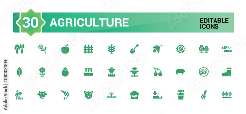 Set of agriculture icons collection. Filled icon pack, glyph for web and ui. Solid icons set. Editable filled symbol. Vector illustration.
