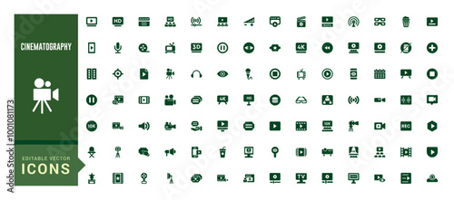 Cinematography icons set, Cinema movie and more, filled icon collection, glyph icons set for web and ui. Solid icon set. Vector illustration.