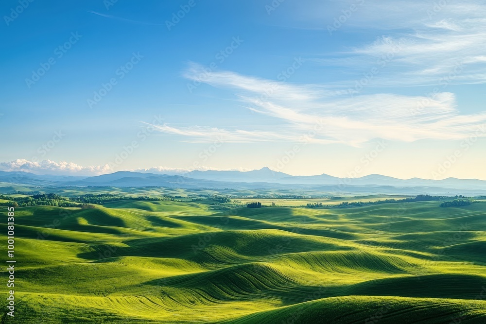 Picturesque rolling hills and lush green fields under a blue sky Picturesque rolling hills and lush green fields under a blue sky