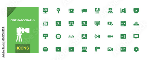 Cinematography icons set, Cinema movie and more, filled icon collection, glyph icons set for web and ui. Solid icon set. Vector illustration.