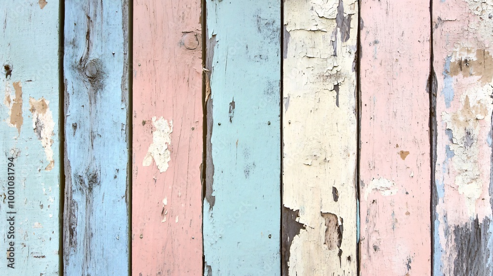 Weathered wooden wall with peeling paint in blue, pink, and cream colors. Weathered wooden wall with peeling paint in blue, pink, and cream colors.