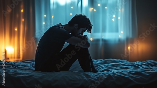 dark bedroom scene with a distraught silhouetted man on a bed, symbolizing feelings of emotional pain, isolation, and the struggle with mental health challenges and sadness