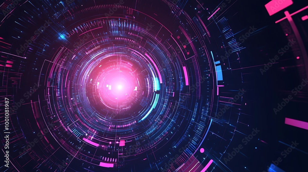 Fototapeta premium Abstract digital tunnel with glowing pink and blue lights.
